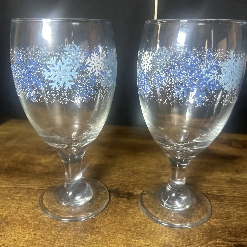 Libbey Winter Snowflake Goblets VTG 7” Blue Water Tea Glasses Christmas Decor